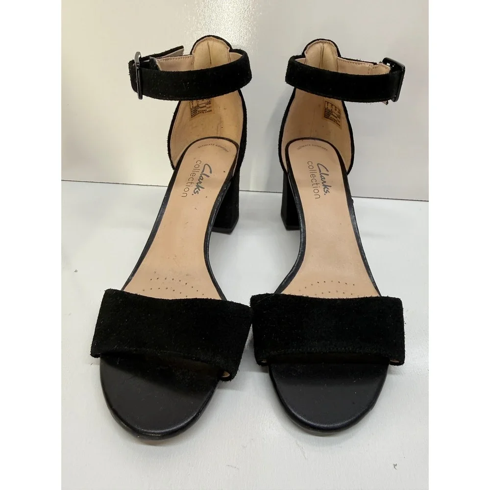 Clarks Collection Deva Mae Black Suede Block Heel Ankle Strap Sandals 7.5 M